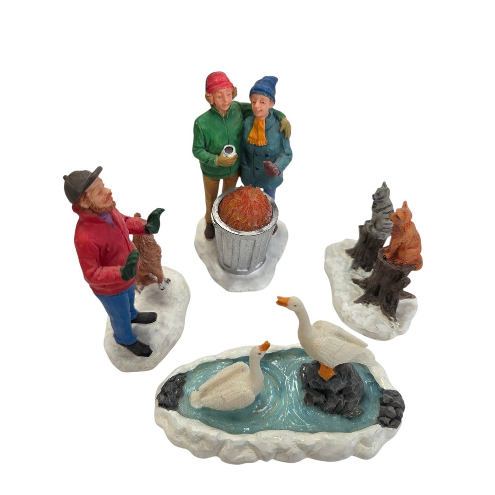 Lemax Christmas Village All Together Now Trash Can Fire‎ Geese Dog Video